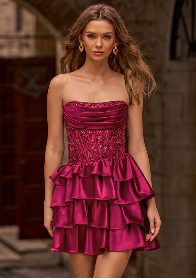 ruffle hem homecoming dress Sparkly Ruffled Tulle Short Formal Gown Sweetheart Neck Homecoming Dress ARD3140 main image 0