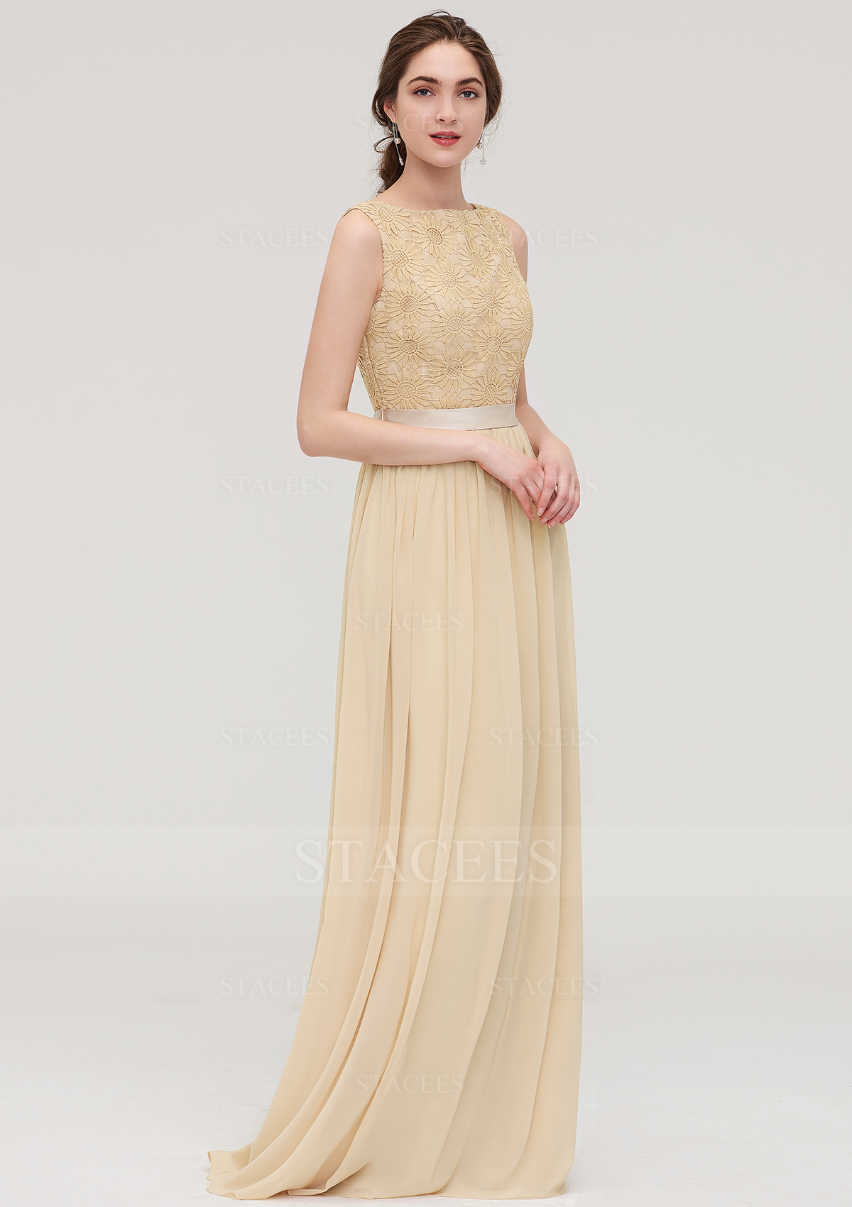Bateau Sleeveless A-line/Princess Chiffon Long/Floor-Length Bridesmaid Dress  With Sashes Lace - Bridesmaid Dresses - Stacees