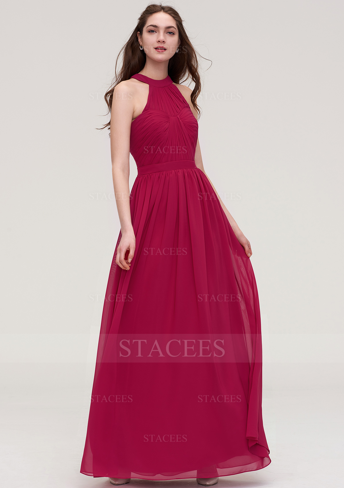A-line/Princess Halter Sleeveless Long/Floor-Length Chiffon Bridesmaid Dress With Pleated 