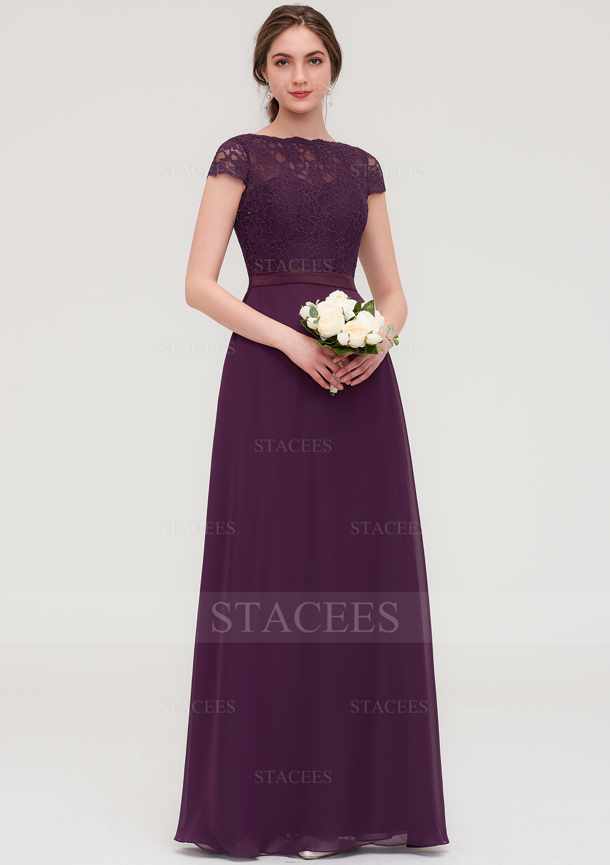 Chiffon Bridesmaid Dress A-line/Princess Bateau Short Sleeve Long/Floor-Length With Sashes Lace