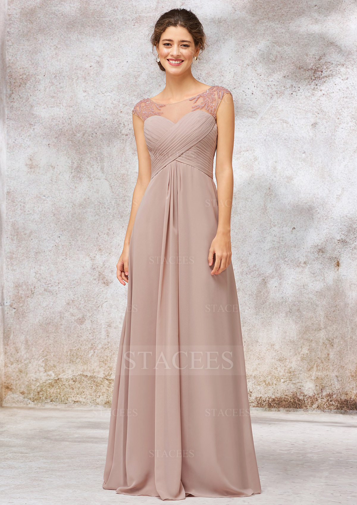 Robe trapèze empire col illusion mousseline longueur ras du sol robe de demoiselle d'honneur