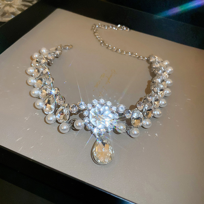 Sparking Alloy Imitation Pearls Necklace with Cubic Zirconia