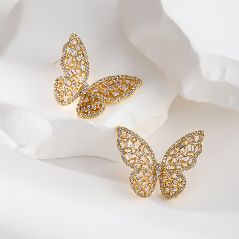 Luxueux romantique papillon cuivre argent S925 boucles d'oreilles avec zircone cubique