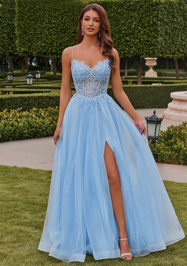 Stacees 2026 Prom Dress with Strap Floral Embroidered Sheer Corset Slit