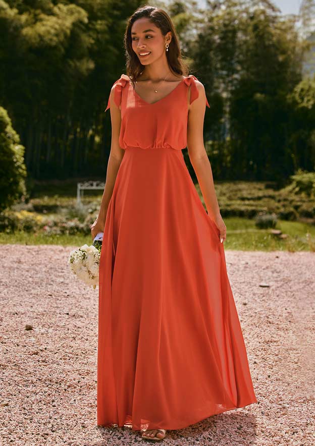 A-line Tie Shoulders V Neck Chiffon Floor-Length Bridesmaid Dress