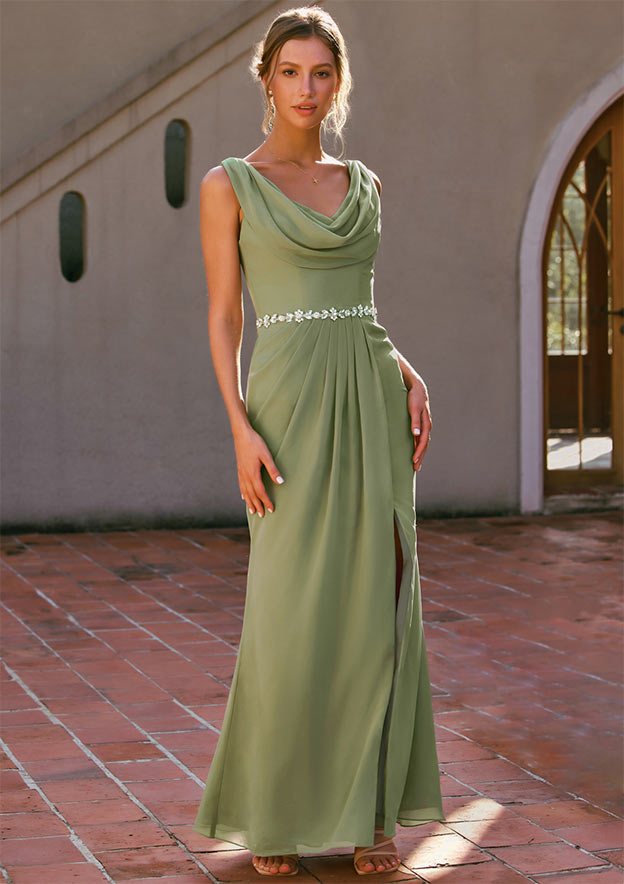 cowl neck chiffon bridesmaid dress with slit Flattering A-Line Cowl Slit Floor Length Chiffon Bridesmaid Dresses, Black main image 1