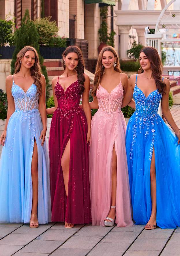 Sparkly A-line V Neck Floral Applique Sheer Corset Glitter Prom Dress with  Slit