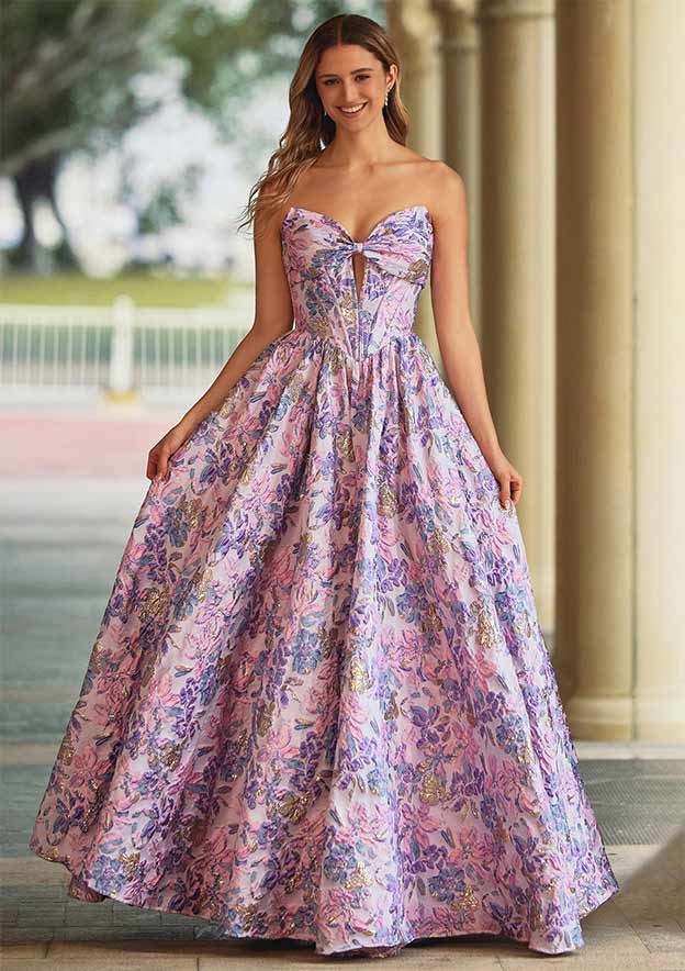 brocade homecoming dress Strapless Pink Brocade Ruffle Homecoming Dress Summer Dress – FancyVestido main image 1
