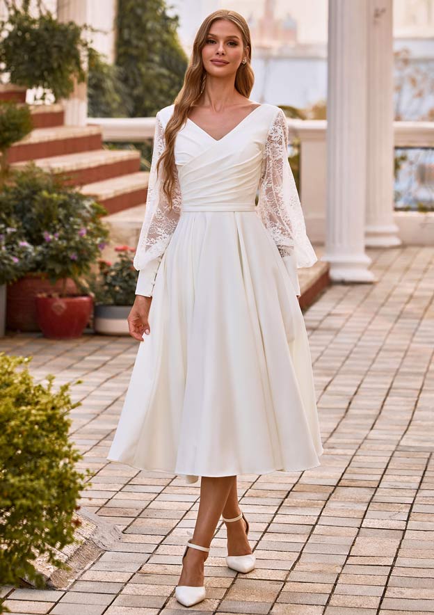 chinese dress ladies Long Sleeves Short Wedding Dress with Beaded Plunging Neckline –  loveangeldress main image 0