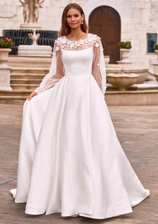 chinese dress ladies Off White 3D Floral Wedding Gown with Long Sleeve Off White / Lace / 30 main image 0