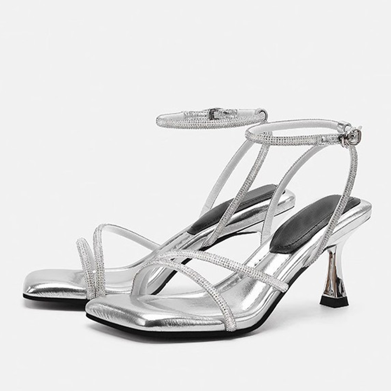 Square Toe Heels PU with Ankle Strap Buckle Rhinestone Women's Outdoor Party Prom Shoes