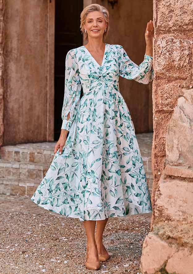 knot a line dress A-line Tea Length Leaf Print Mother of the Bride Dress with Long Sleeves  Twisted knot S5121M - Mother of the Bride Dresses