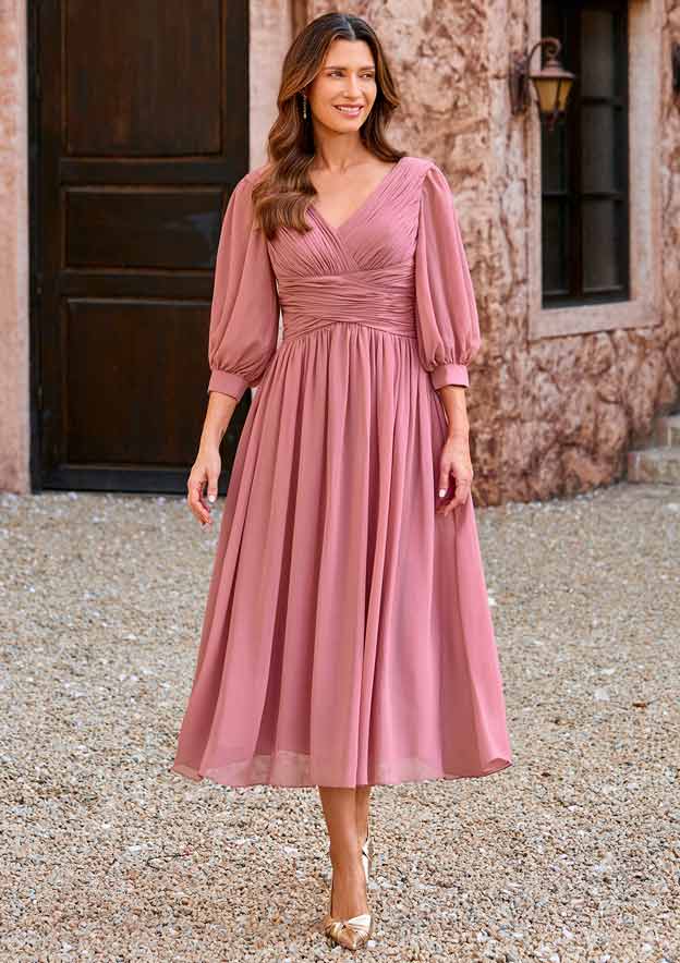 3 4 sleeve chiffon maxi dress Xpluswear Design Plus Size Wedding Guest Peach All Over Print V Neck 3/4  Sleeve Ruffle Tiered Chiffon Maxi Dresses