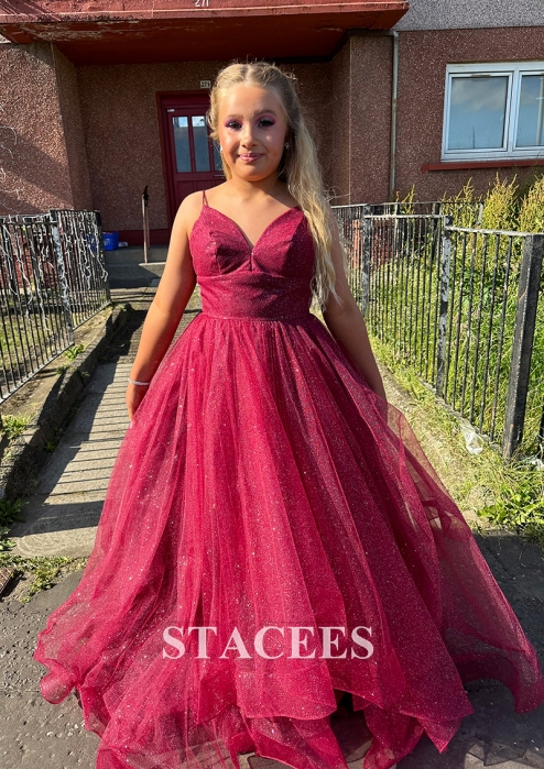 A-line Princess V Neck Sleeveless Floor-Length Tulle Prom