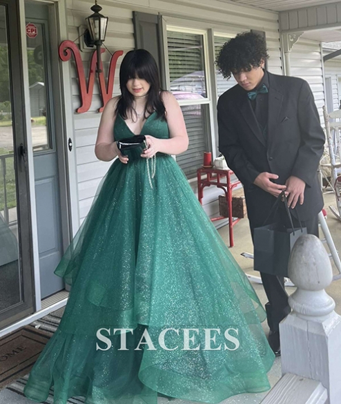 A-line Princess V Neck Sleeveless Floor-Length Tulle Prom