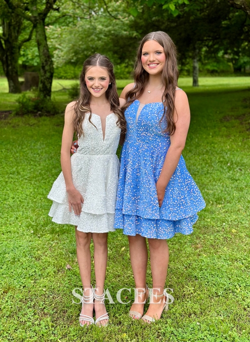A-line V Neck Short/Mini Velvet Sequins Homecoming Dress