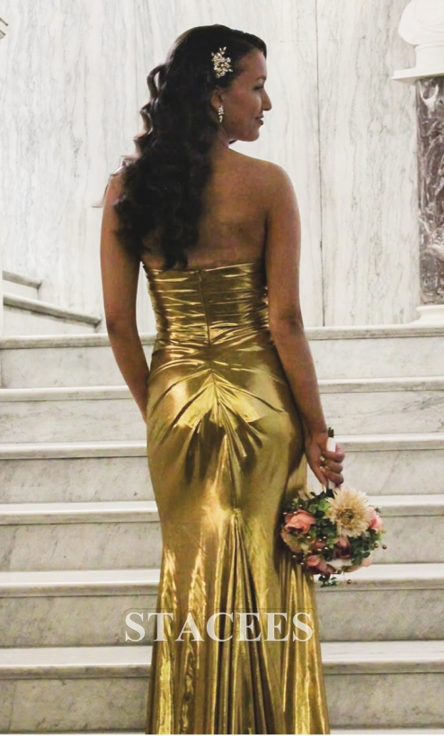 a-line sleeveless floor-length metallic prom dress with pleated split Metallic Strapless A-line Slit Gown by Rachel Allan 70709 – ABC Fashion main image 1