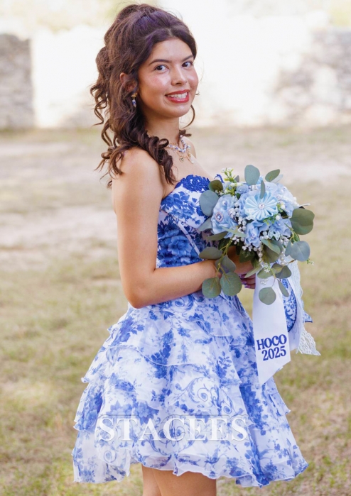 slim fit dress slacks Light Blue Strapless Corset Mini - Floral Homecoming Dresses main image 1