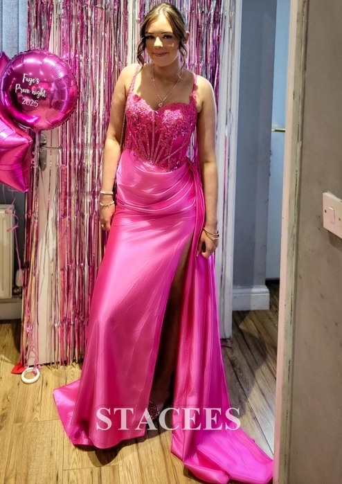 Fitted Applique V Neck Silk like Satin Corset Slit Prom Dress with Side  Draping S8413P - Prom Dresses - Stacees