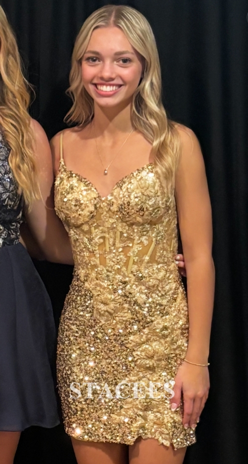 Sparkly Floral Lace Sheer Corset Sequins Short Homecoming Dress S8678HL - Homecoming  Dresses - Stacees